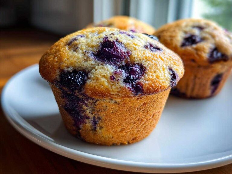 Amazing 10g Protein Easy Blueberry Yogurt Muffins A close-up of a golden-brown Easy Blueberry Yogurt Protein Muffin topped with burst blueberries on a white plate.