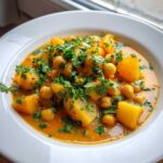 Close-up of a bowl of Easy Chickpea Potato Curry, featuring chunks of potato and chickpeas in a rich orange sauce, topped with fresh cilantro.