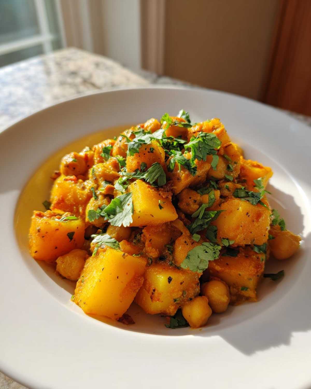 A close-up of a white bowl filled with Easy Chickpea Potato Curry, featuring chunks of yellow potato and chickpeas, topped with fresh cilantro.