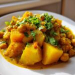 A close-up of a vibrant yellow Easy Chickpea Potato Curry served on a white plate, topped with fresh cilantro.
