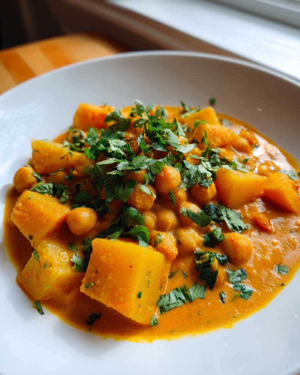 Close-up of a white bowl filled with Easy Chickpea Potato Curry, featuring chunks of potato and chickpeas in a rich orange sauce, topped with fresh cilantro.