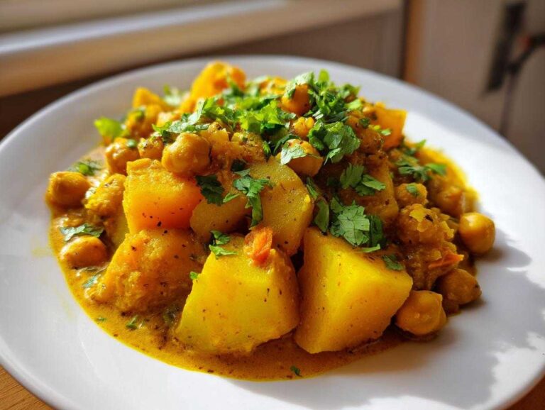 A close-up of a vibrant yellow Easy Chickpea Potato Curry served on a white plate, topped with fresh cilantro.