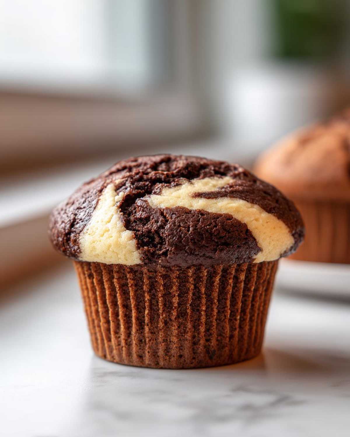 Close-up of a single Easy Chocolate Cream Cheese Muffin with a distinct chocolate and cream cheese swirl top.