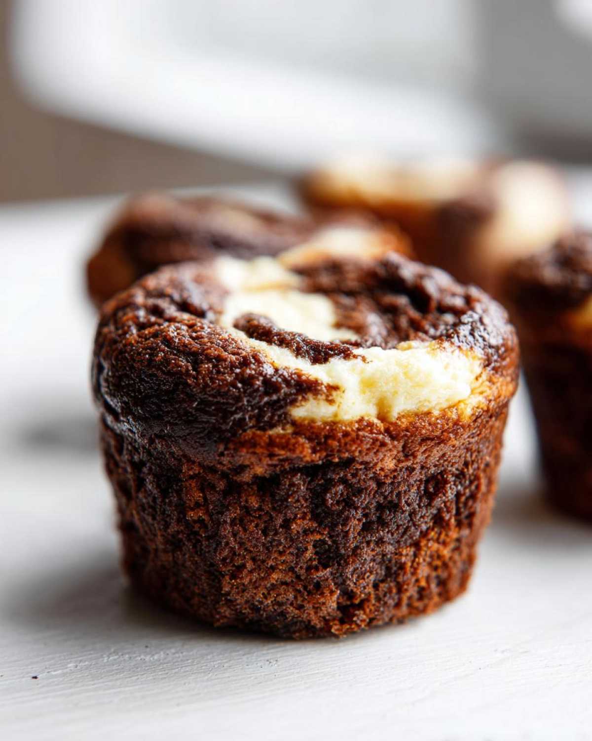 A close-up of one freshly baked Easy Chocolate Cream Cheese Muffin with a visible cream cheese swirl on top.