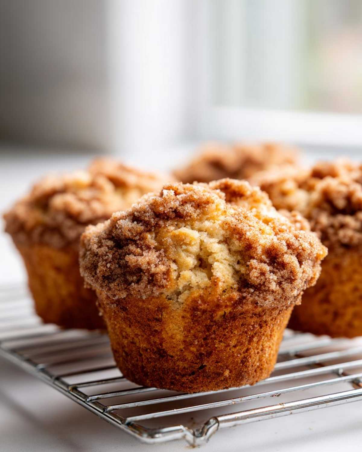 Close-up of freshly baked Easy Coffee Cake Muffins Deliciously topped with a thick cinnamon streusel cooling on a wire rack.