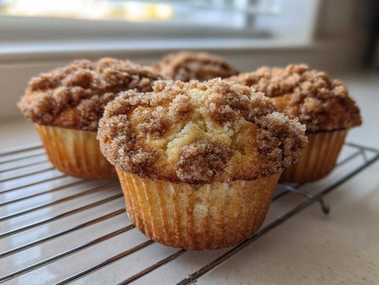 5 Minute Easy Coffee Cake Muffins Deliciously Great Four Easy Coffee Cake Muffins with thick, sugary cinnamon streusel topping cooling on a wire rack.