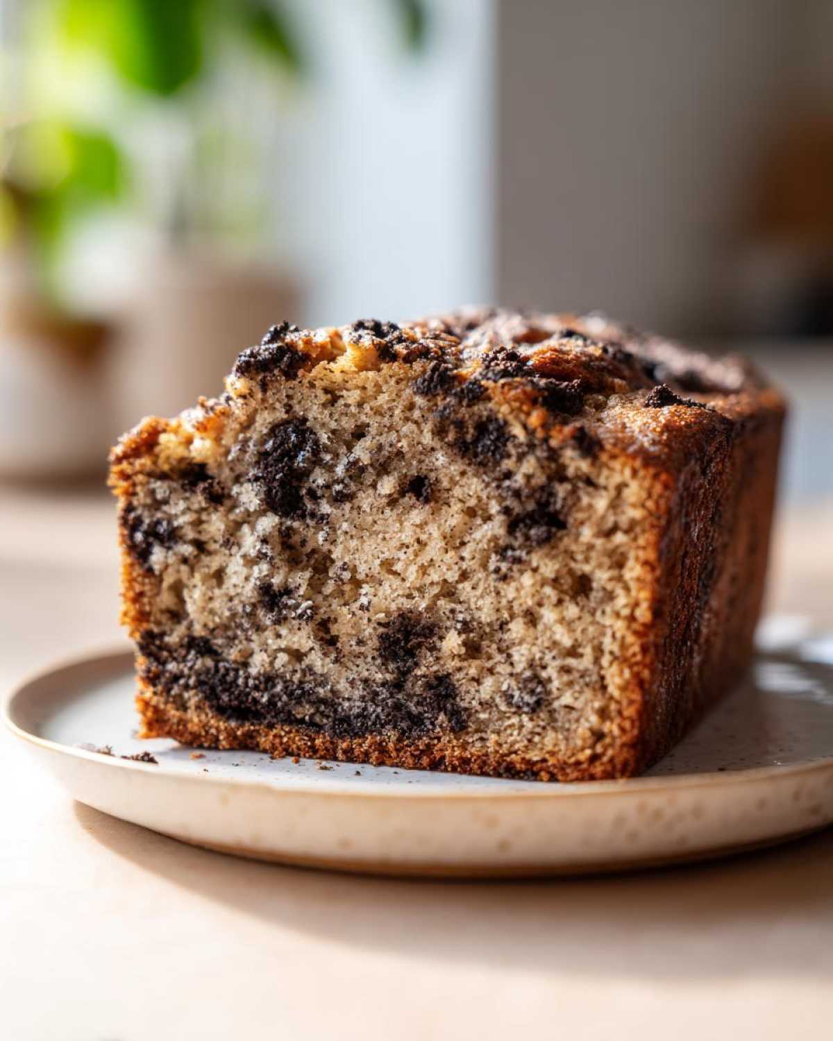 Close-up of a thick slice of Easy Decadent Oreo Banana Bread showing moist crumb and dark Oreo chunks.