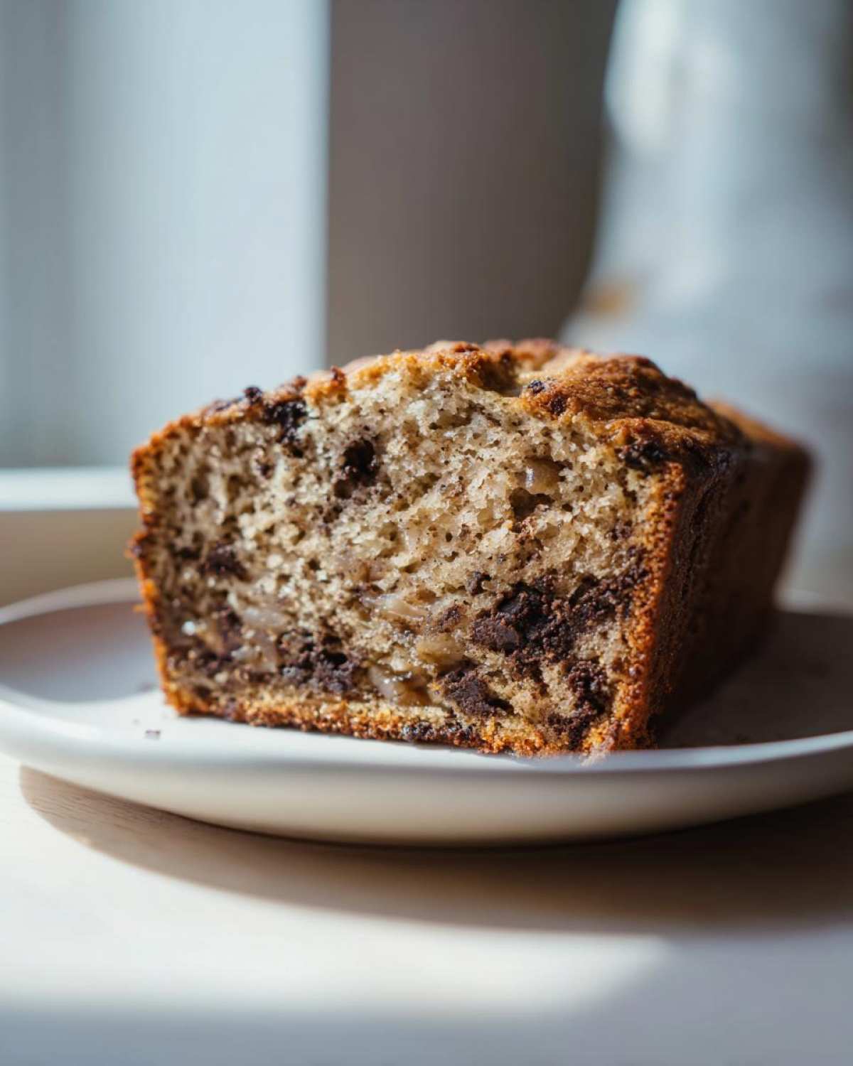 Cross-section of a slice of Easy Decadent Oreo Banana Bread showing moist crumb and chocolate chunks.