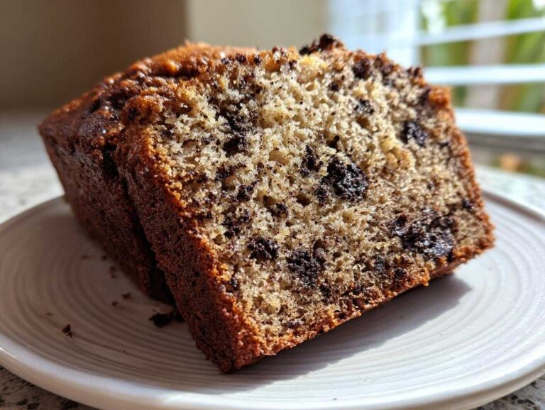 Amazing 1-Bowl Easy Decadent Oreo Banana Bread Close-up of two slices of Easy Decadent Oreo Banana Bread showing moist crumb and chocolate chunks on a white plate.