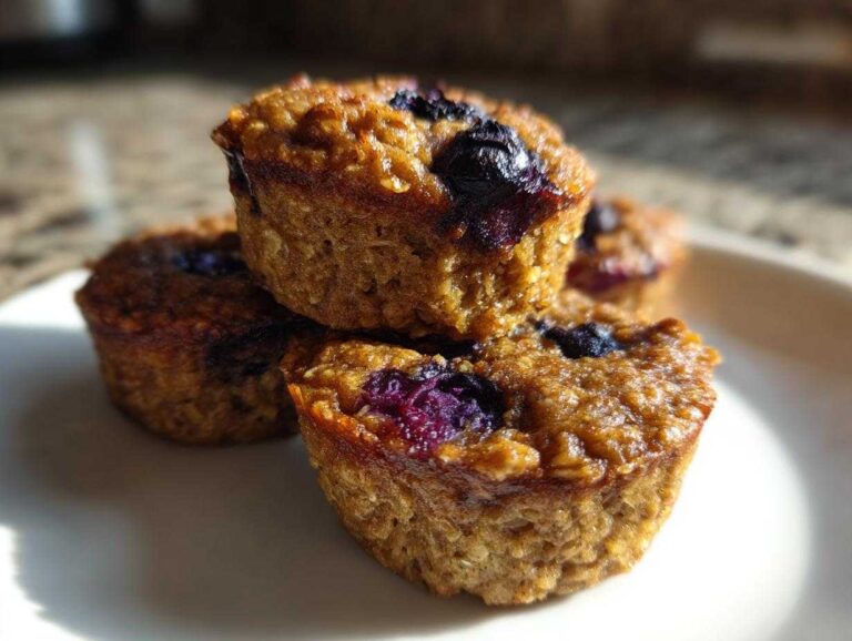 5 Easy Fun Breakfast Ideas Mini Secrets Close-up of stacked Easy Fun Breakfast Ideas Mini blueberry baked oatmeal cups on a white plate.