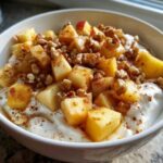 Close-up of an Easy Healthy Apple Cinnamon Greek bowl topped with diced apples, walnuts, and cinnamon.