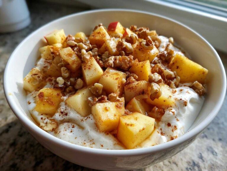 Close-up of an Easy Healthy Apple Cinnamon Greek bowl topped with diced apples, walnuts, and cinnamon.