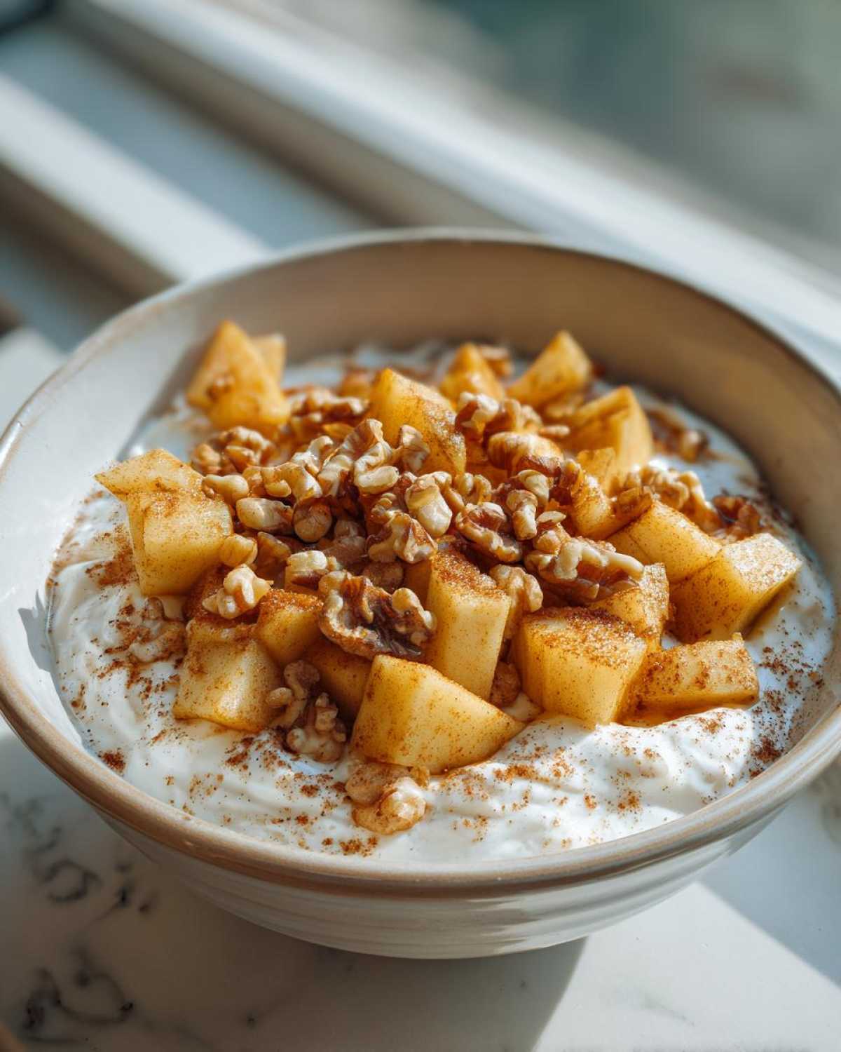 Close-up of an Easy Healthy Apple Cinnamon Greek bowl topped with diced spiced apples and walnuts.