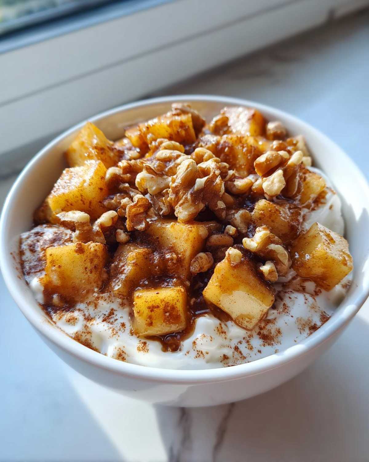 Close-up of an Easy Healthy Apple Cinnamon Greek Bowl with caramelized apples and walnuts on top of yogurt.