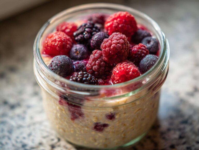 Close-up of overnight oats in a jar topped with frozen raspberries, blueberries, and blackberries for Easy Healthy Breakfast Inspiration Healthy.