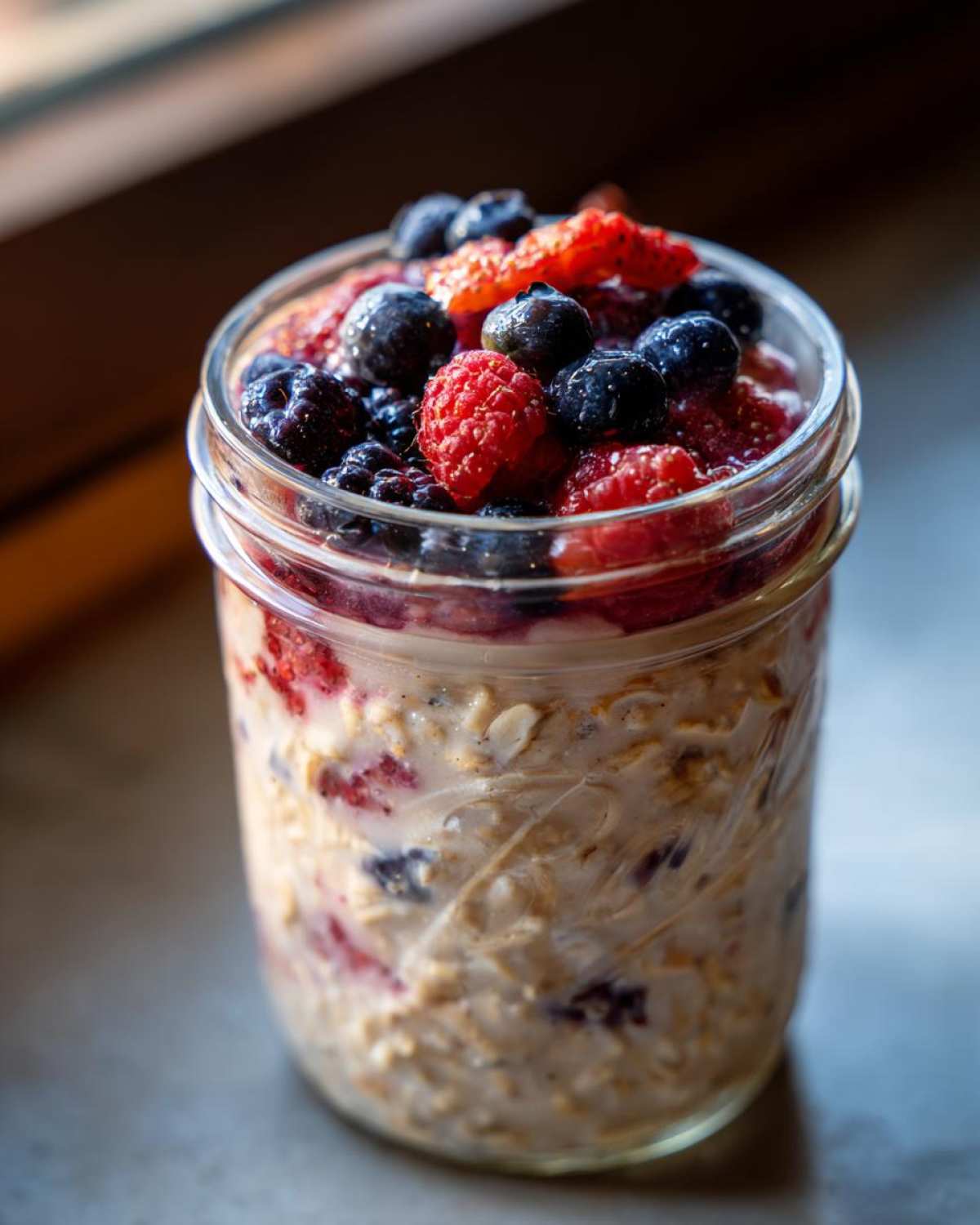 Overnight oats in a jar topped with fresh mixed berries, perfect for Easy Healthy Breakfast Inspiration Healthy.