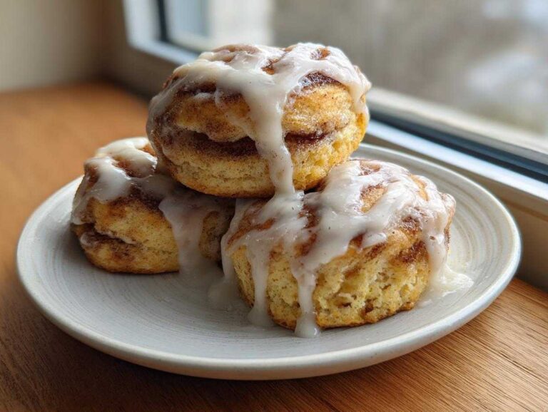 Easy Heavenly Cinnamon Bun Scones: 1 Secret Three Easy Heavenly Cinnamon Bun Scones stacked on a plate, dripping with vanilla icing.