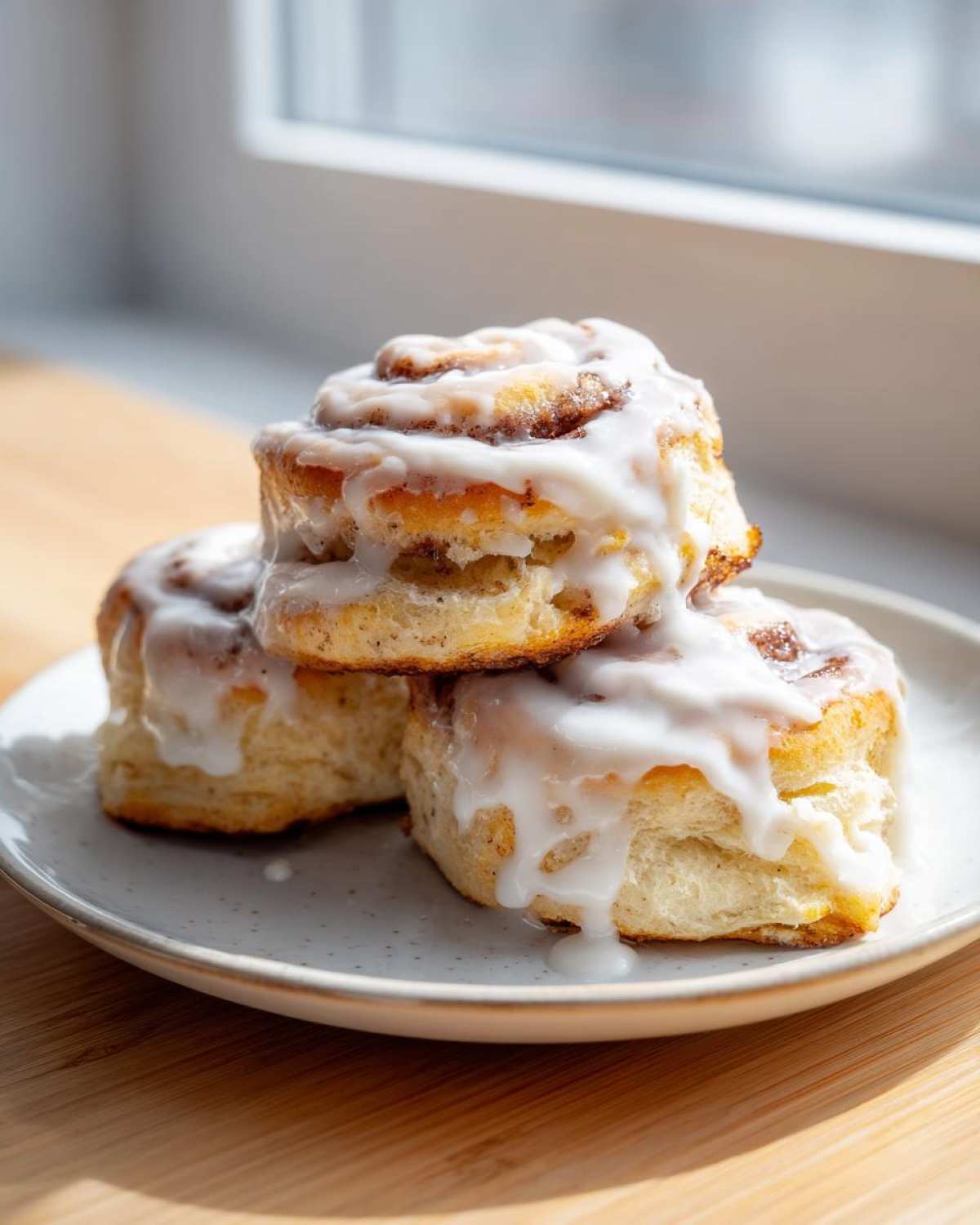 Three Easy Heavenly Cinnamon Bun Scones stacked on a plate, dripping with thick white icing.