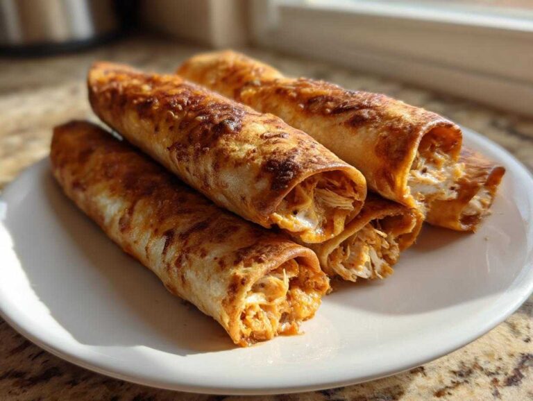 Four crispy, golden-brown Easy Homemade Chicken Taquitos piled on a white plate, showing shredded chicken filling.