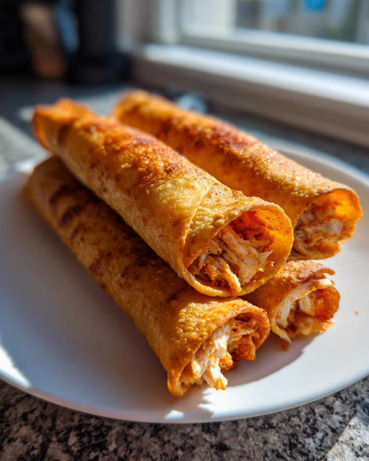 Four golden brown, crispy Easy Homemade Chicken Taquitos piled on a white plate, showing shredded chicken filling.