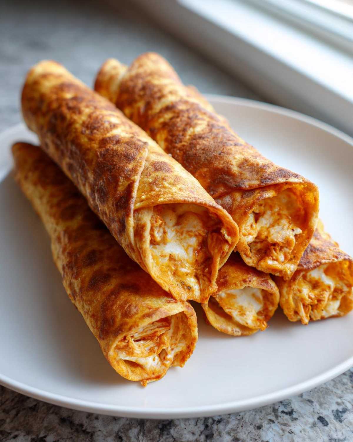 Close-up of several golden-brown Easy Homemade Chicken Taquitos stacked on a white plate.