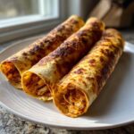Three golden-brown, rolled Easy Homemade Chicken Taquitos filled with shredded chicken, resting on a white plate.