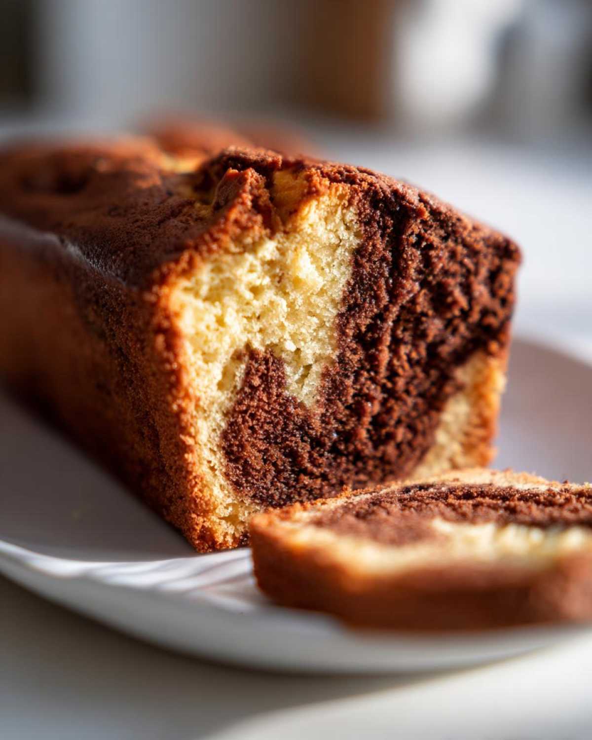 A close-up shot showing the marbled interior of an Easy Irresistible Marble Loaf Cake with one slice cut.