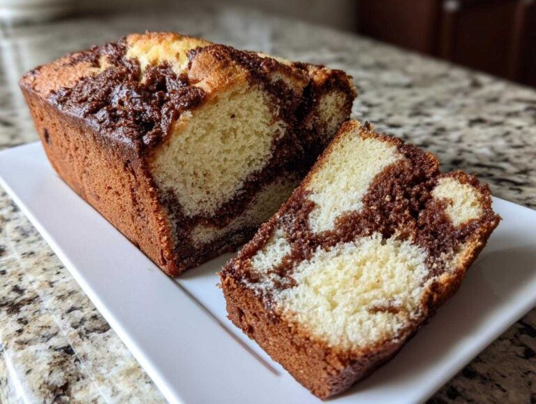 50 Amazing Easy Irresistible Marble Loaf Cake A sliced Easy Irresistible Marble Loaf Cake showing the distinct vanilla and chocolate swirls on a white rectangular plate.