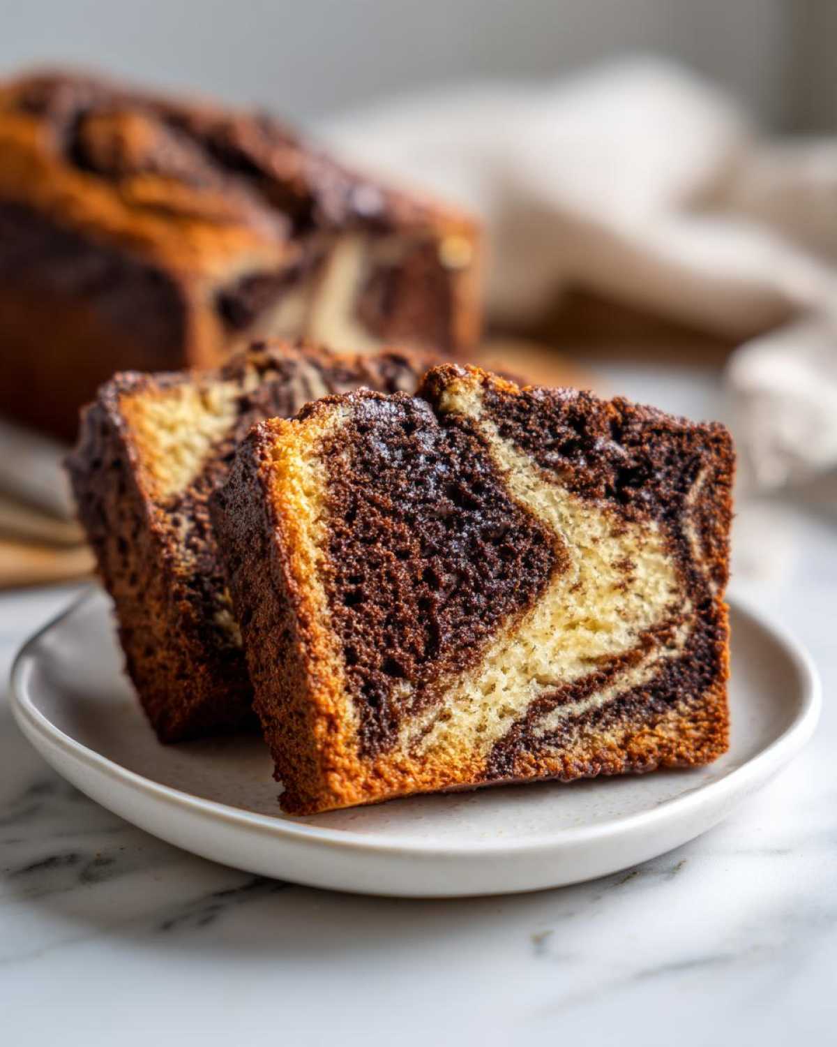 Two thick slices of Easy Irresistible Marble Loaf Cake showing distinct chocolate and vanilla swirls on a small white plate.