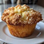 A perfectly baked Easy Lemon Crumb Muffins featuring a golden brown base and a thick, sugary crumb topping.