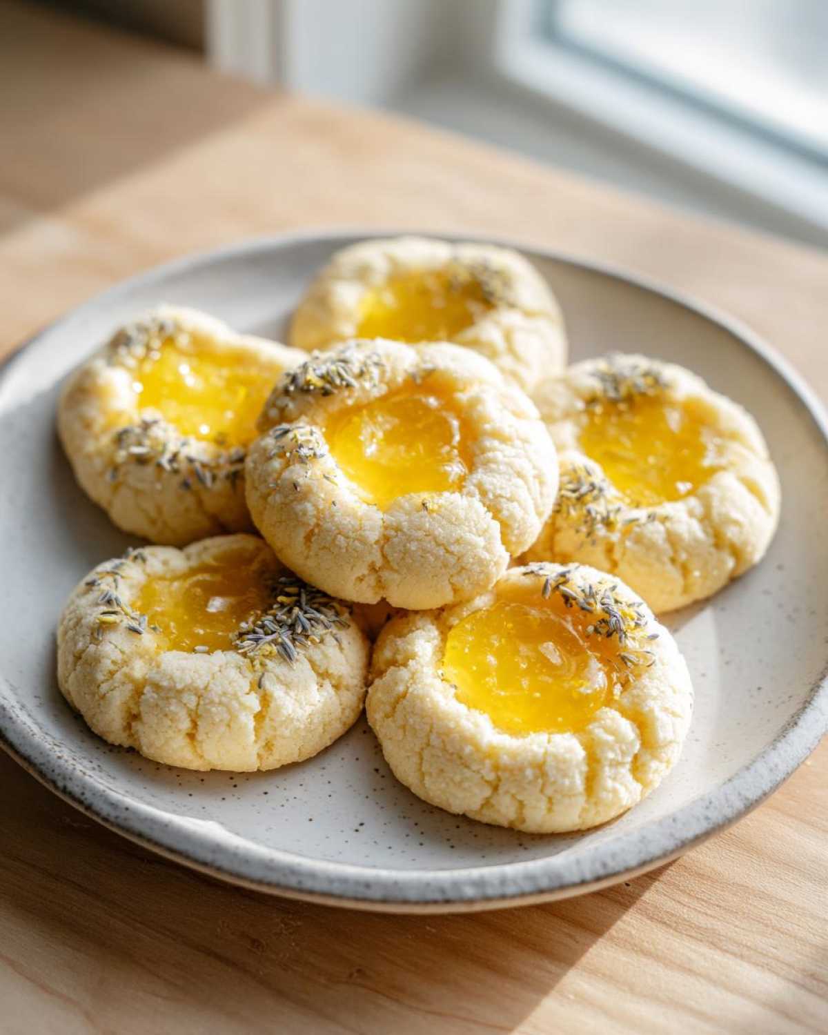 A close-up of several Easy Lemon Lavender Thumbprint Cookies with bright yellow centers on a speckled gray plate.