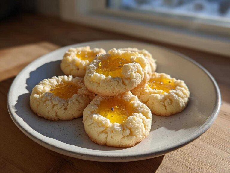 A plate of five Easy Lemon Lavender Thumbprint Cookies filled with bright yellow jam and garnished with lavender buds.