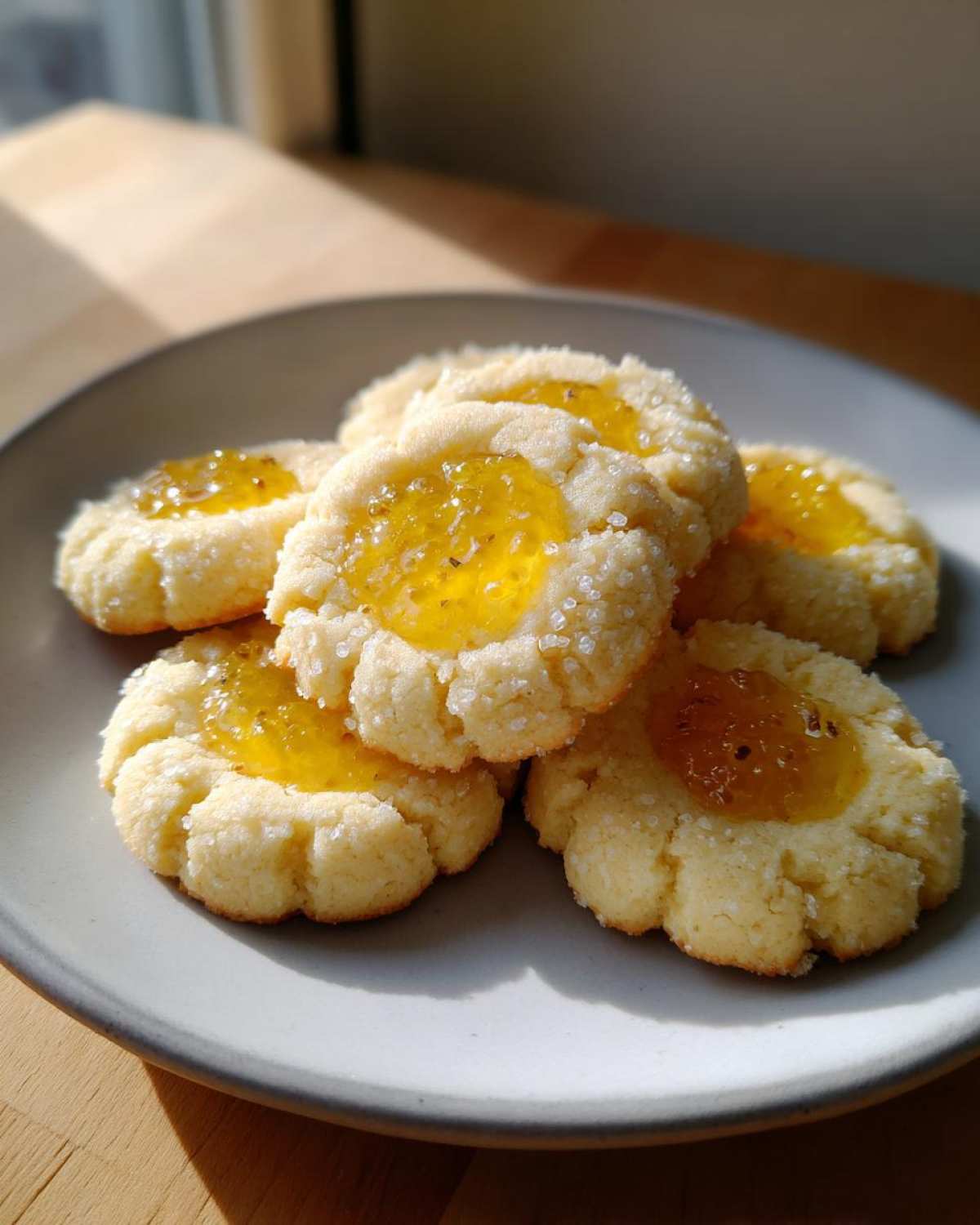 A stack of Easy Lemon Lavender Thumbprint Cookies with bright yellow filling and sparkling sugar coating on a gray plate.