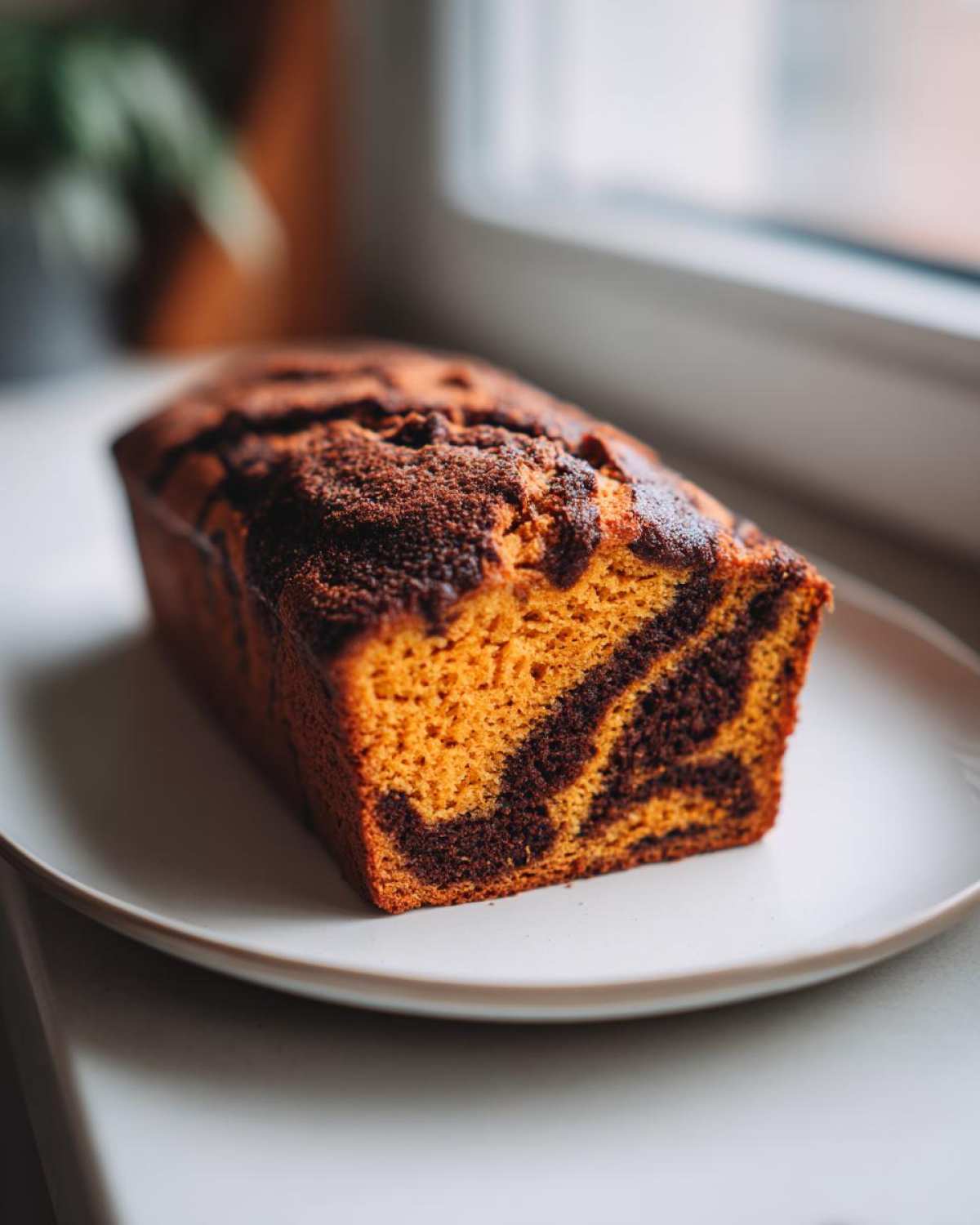 A freshly baked Easy Moist Cinnamon Swirl Pumpkin loaf cake with a dark cinnamon swirl on a white plate.