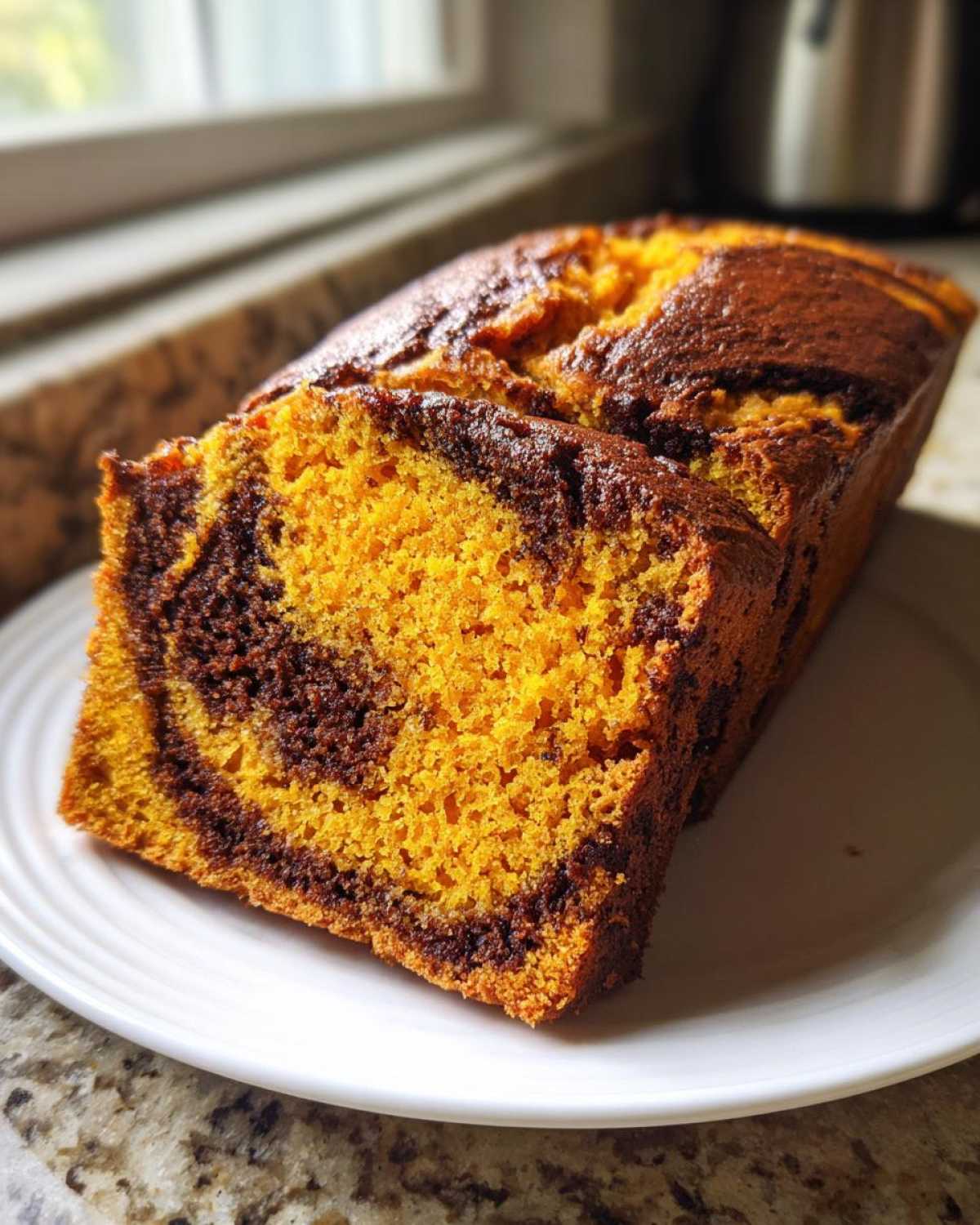 A close-up of a slice of Easy Moist Cinnamon Swirl Pumpkin bread showing the vibrant orange pumpkin batter swirled with dark cinnamon batter.