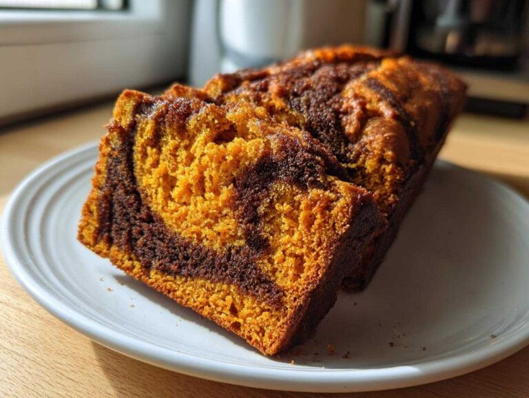 5 Mistakes in Easy Moist Cinnamon Swirl Pumpkin Close-up of a slice of Easy Moist Cinnamon Swirl Pumpkin bread showing the orange pumpkin cake marbled with dark cinnamon swirl.