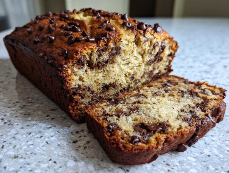 5 Minute Easy Mouthwatering Banana Bread Chocolate A freshly baked loaf of Easy Mouthwatering Banana Bread Chocolate with a slice cut off, showing moist interior.