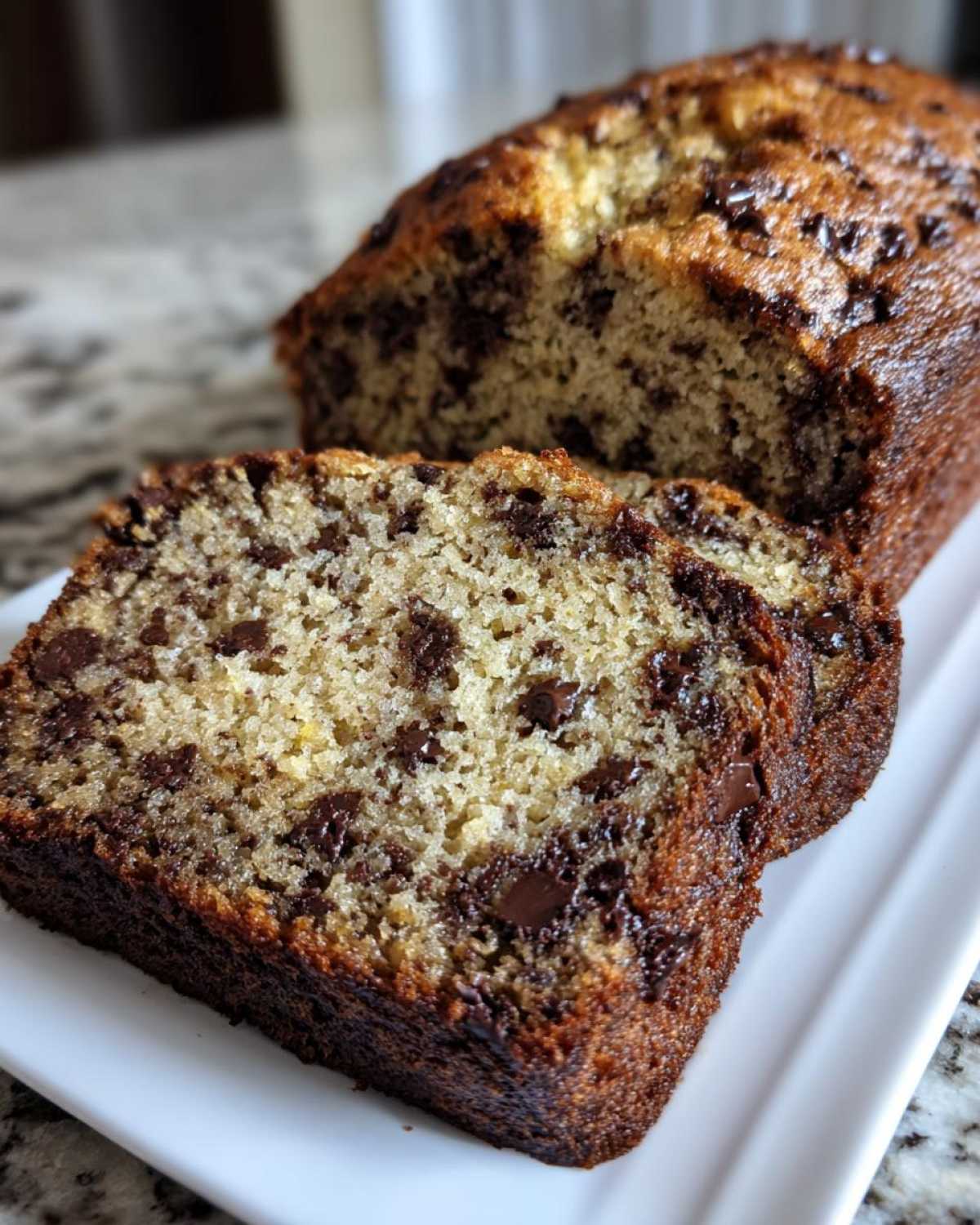 Close-up of sliced Easy Mouthwatering Banana Bread Chocolate loaf showing moist texture and chocolate chips.