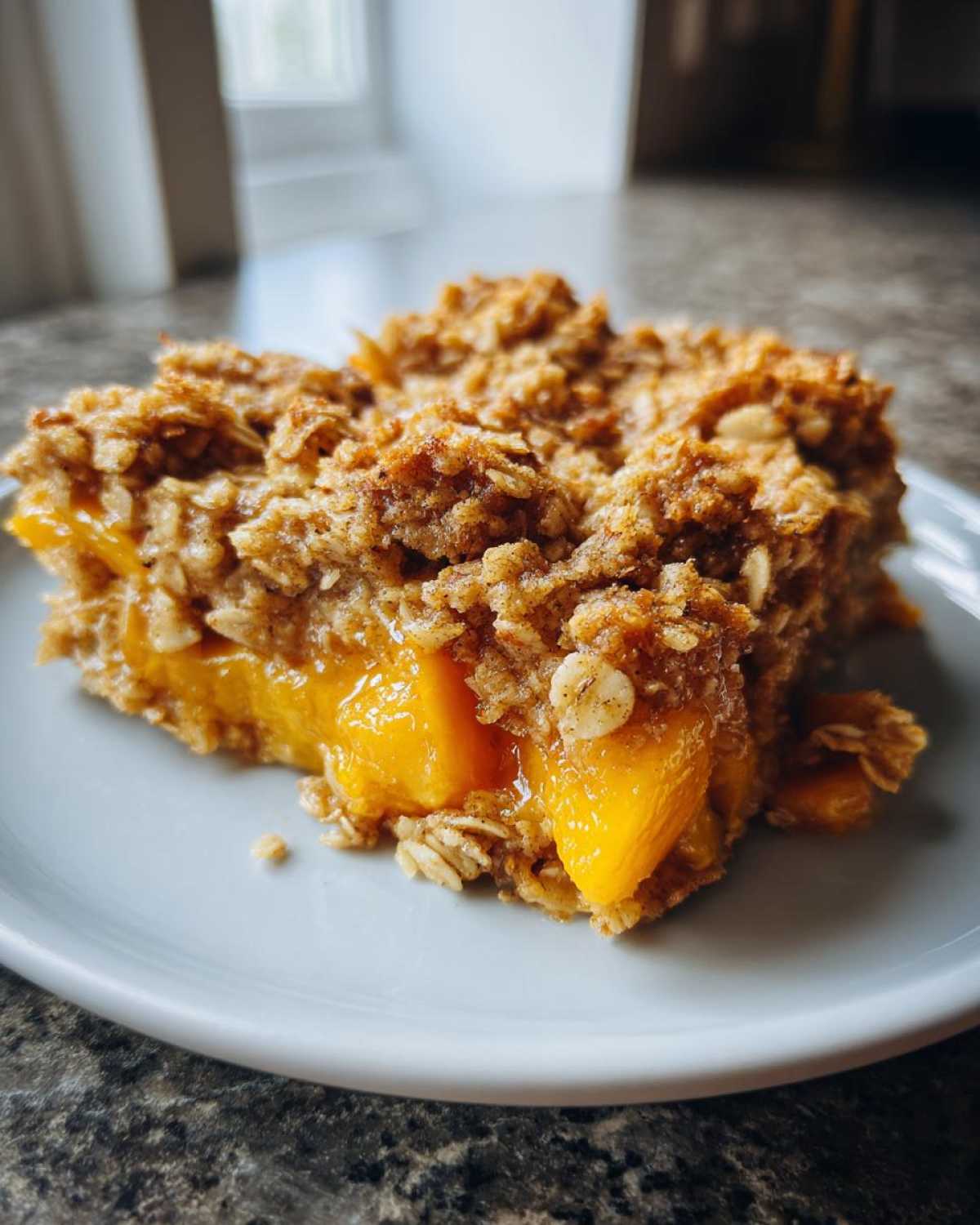 Close-up of a square serving of Easy Peach Cinnamon Oatmeal Crumb on a white plate.