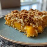 A close-up of a square serving of Easy Peach Cinnamon Oatmeal Crumb on a light blue plate.