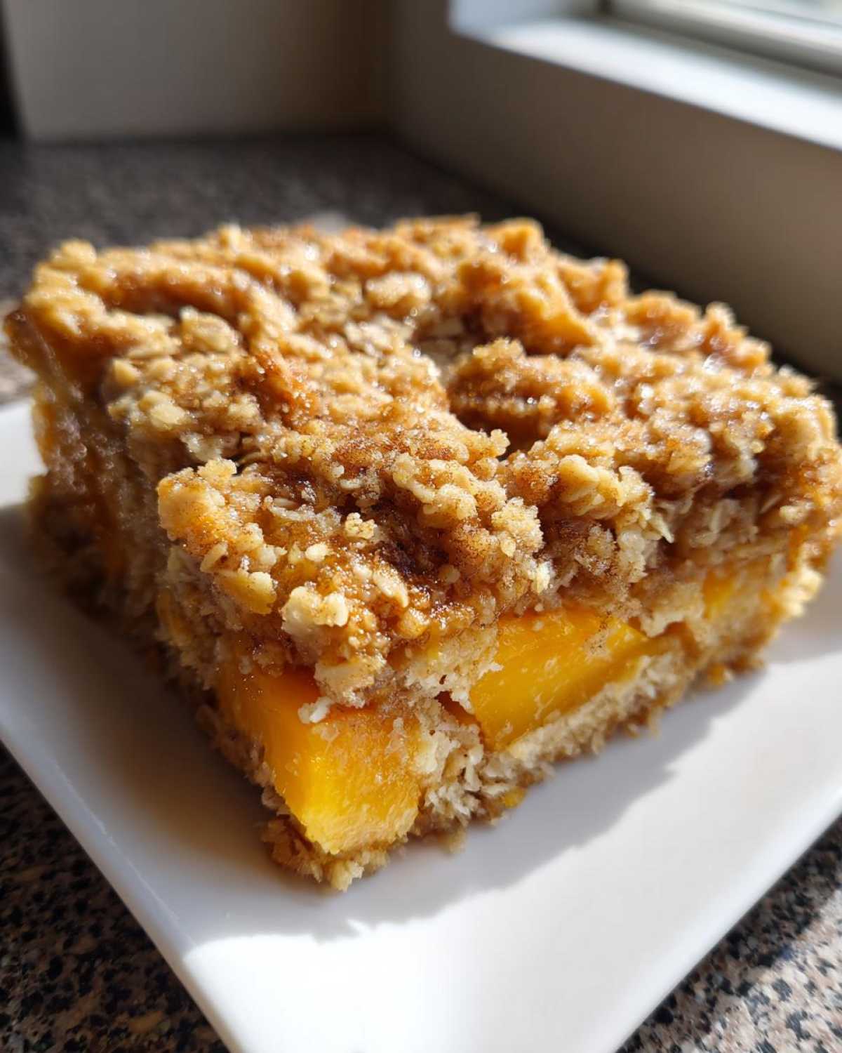 A square serving of Easy Peach Cinnamon Oatmeal Crumb bar with thick peach filling and crumb topping.