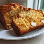 Close-up of a sliced Easy Pineapple Coconut Loaf Bread showing moist texture, pineapple chunks, and almond slices.