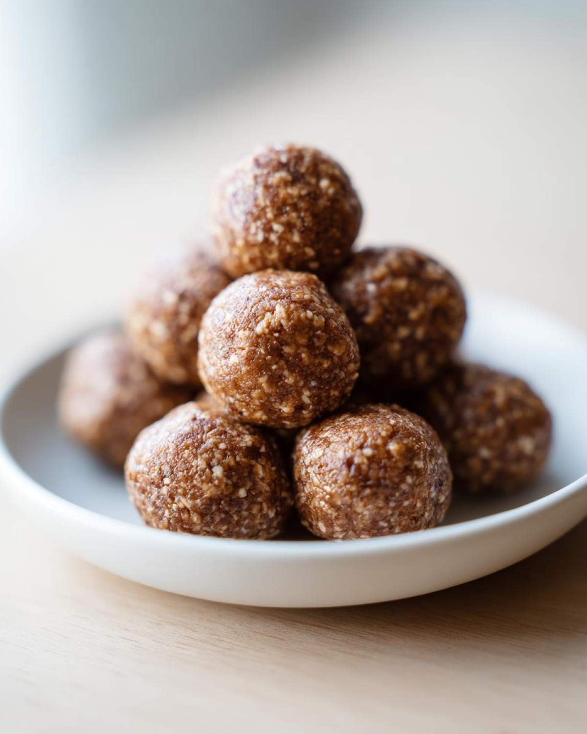 A stack of brown, textured energy balls, perfect for an Easy Snack Smarter High Protein option, served in a small white bowl.