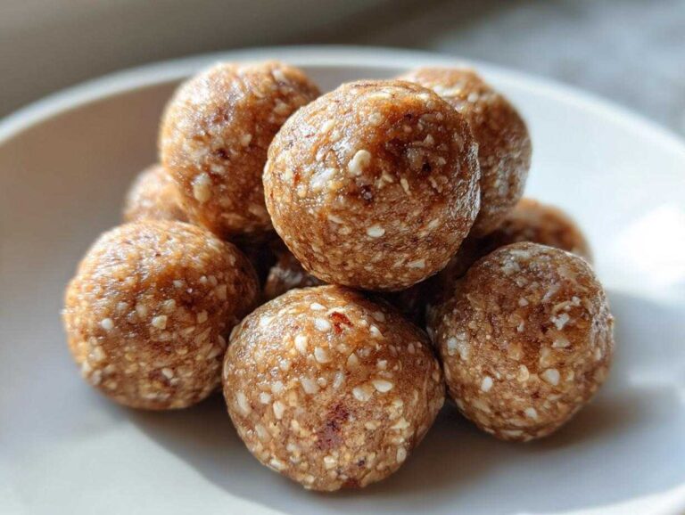 5 Easy Snack Smarter High Protein Wins Close-up of a stack of Easy Snack Smarter High Protein energy balls on a white plate.