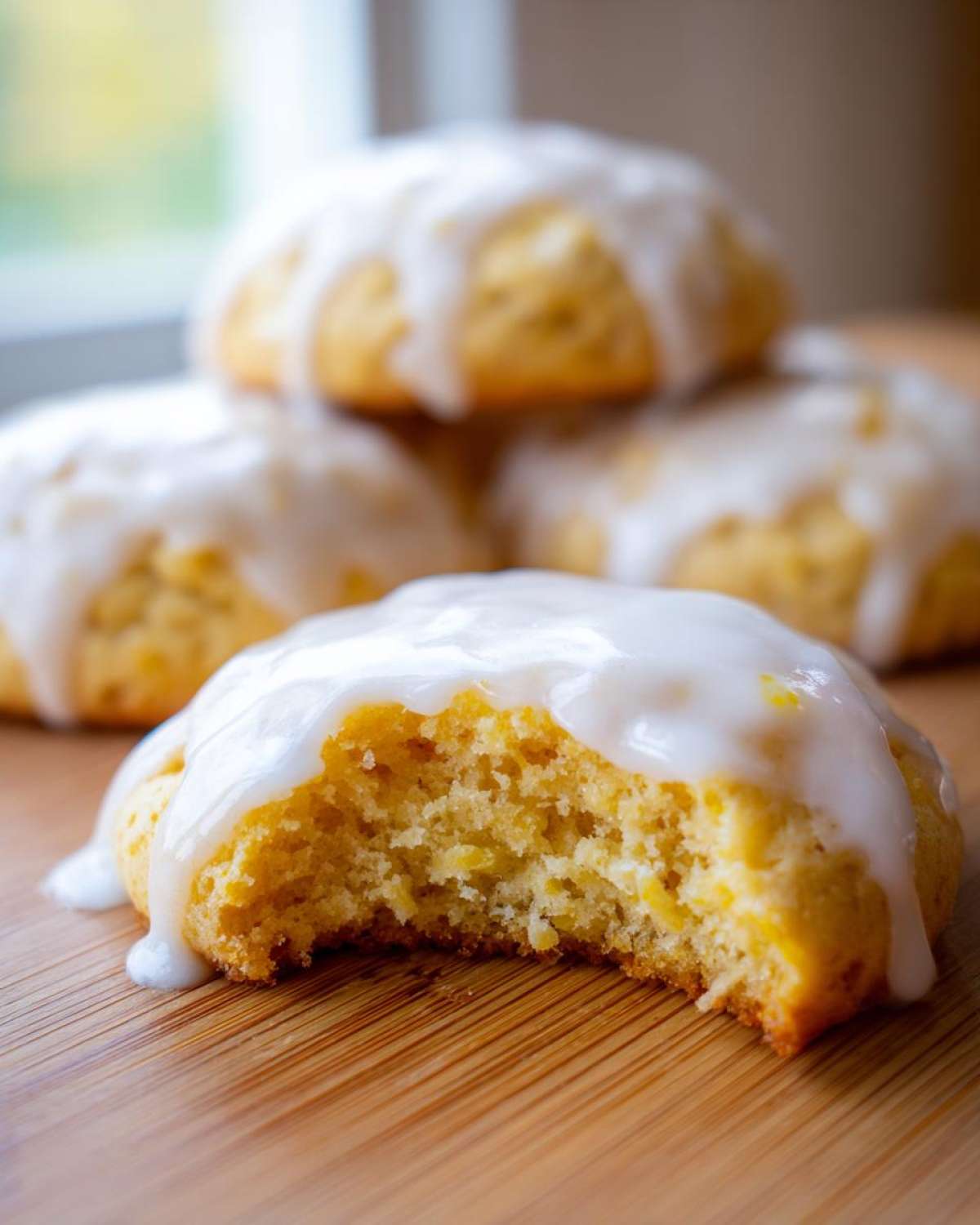 Close-up of a soft, yellow citrus cookie from Easy Spring Cookie Recipes Citrus, topped with thick white glaze, with a bite taken out.