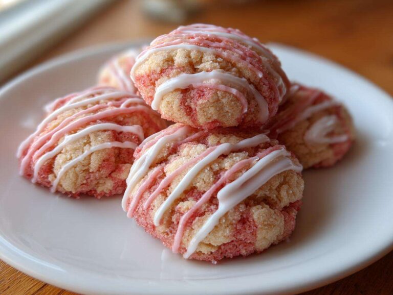 5 Amazing Easy Strawberry Lemonade Cookie Secrets A stack of four Easy Strawberry Lemonade Cookies drizzled with pink and white icing on a white plate.