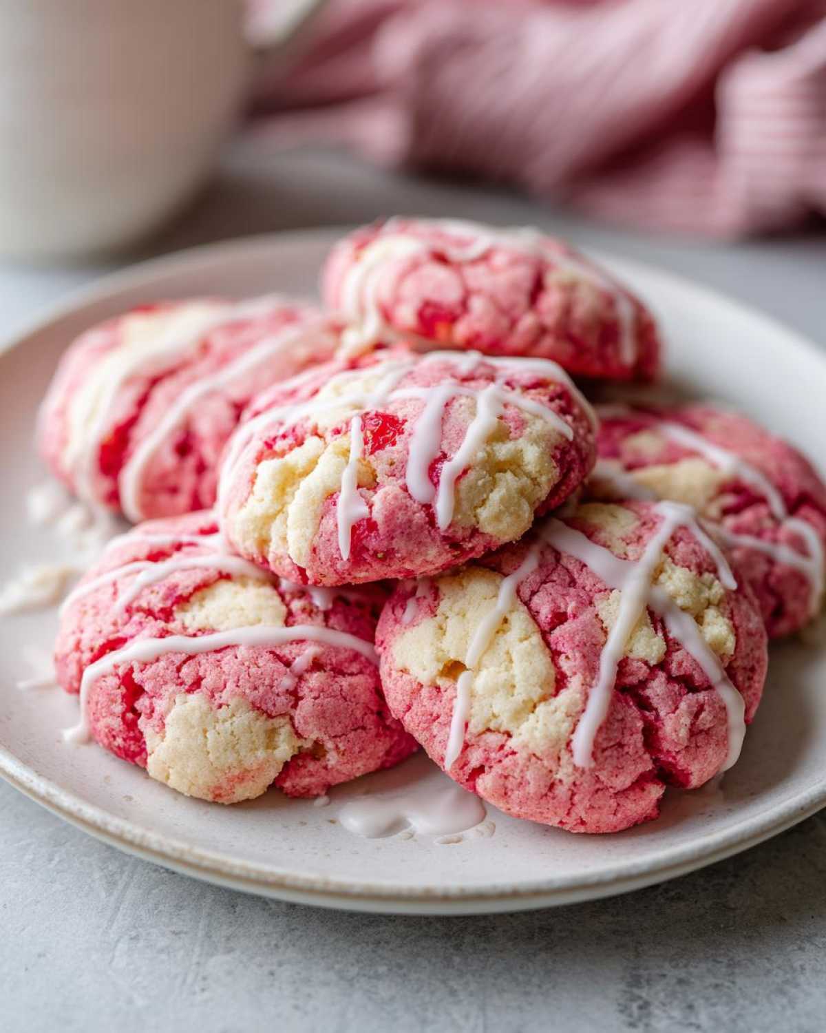 A stack of pink and white Easy Strawberry Lemonade Cookies drizzled with white icing on a light plate.