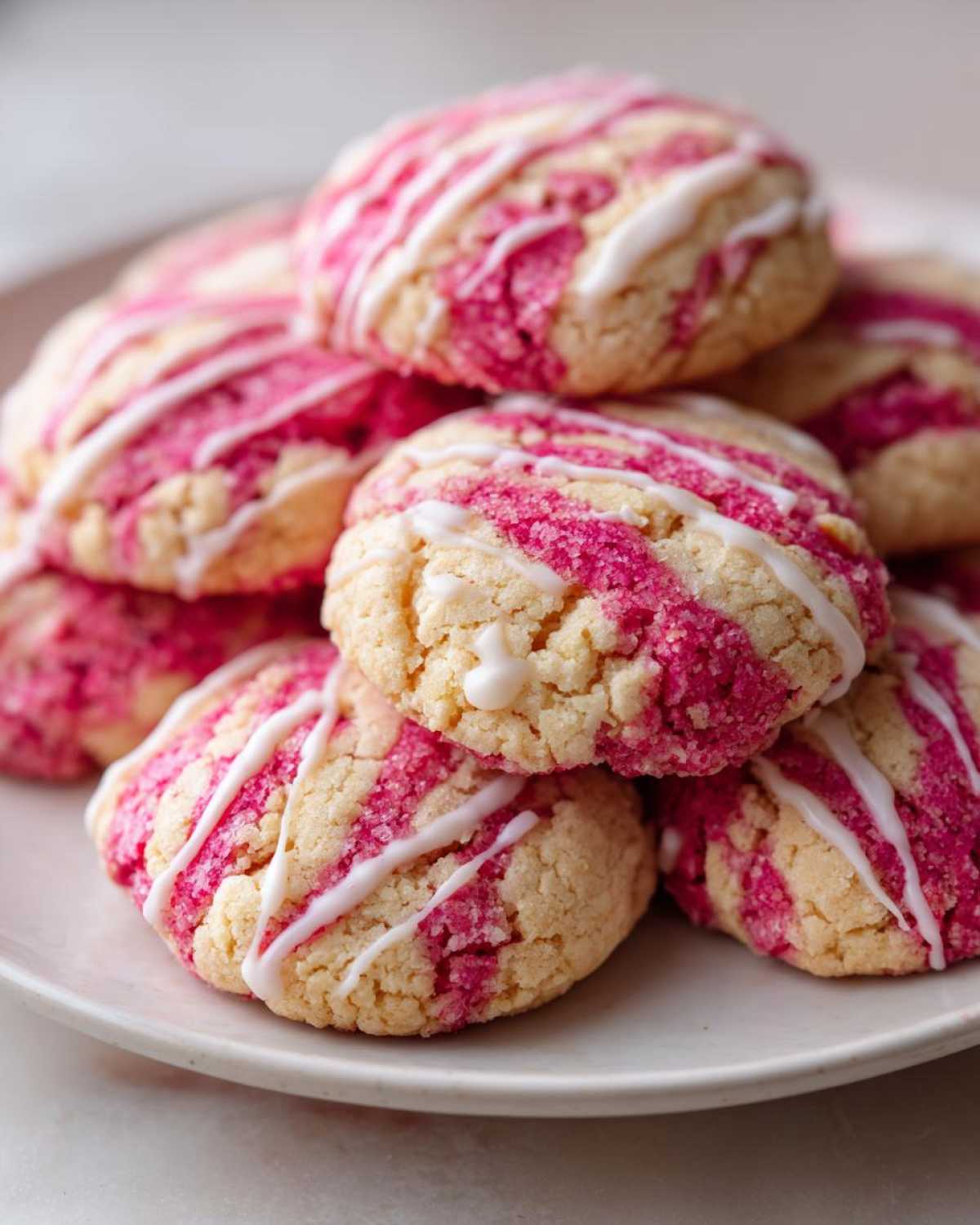 A close-up stack of Easy Strawberry Lemonade Cookies, featuring pink swirls and white icing drizzle.