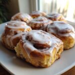 Close-up of six freshly baked, gooey Breakfast Rolls covered in thick white icing on a white plate.