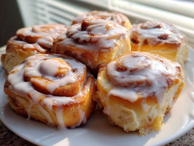 A close-up of several freshly baked, soft Breakfast Rolls topped with thick white icing.
